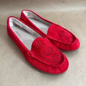 G.H. Bass & Co. red suede moccasins with a laser-cut design